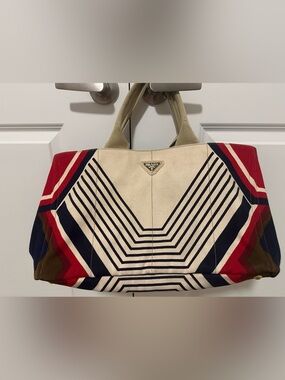 Prada Cream, Navy & Red Striped Canvas Tote